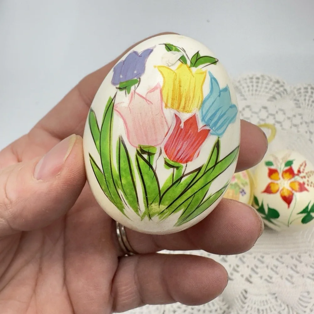 Lot of 3 Hand Painted Floral Real Egg Shell Ornate Hanging Ornament Easter Decor